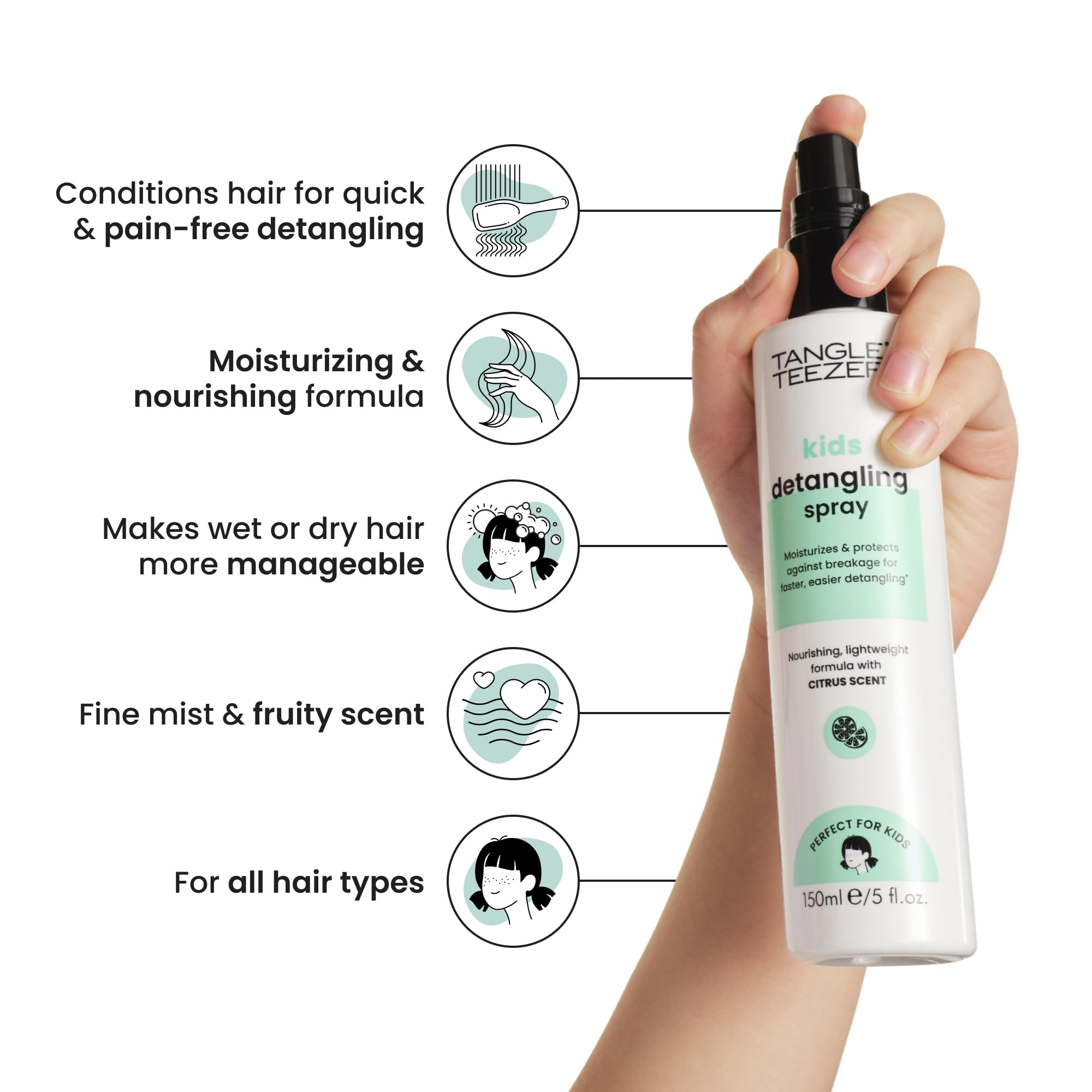 Aplicación del spray Tangle Teezer en cabello húmedo para desenredar sin tirones.