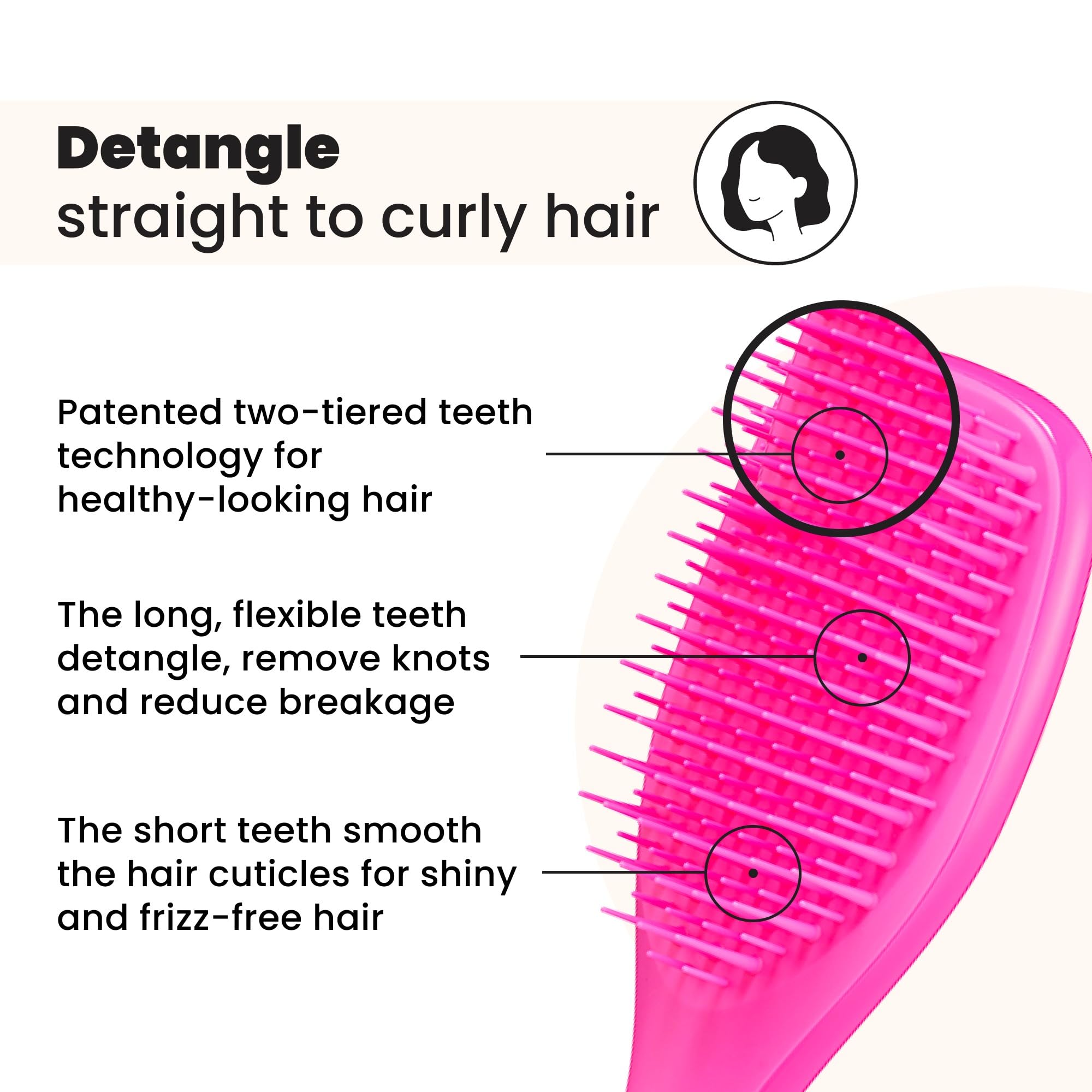 Dientes largos y flexibles de Tangle Teezer desenredando mechones con menos tirones.