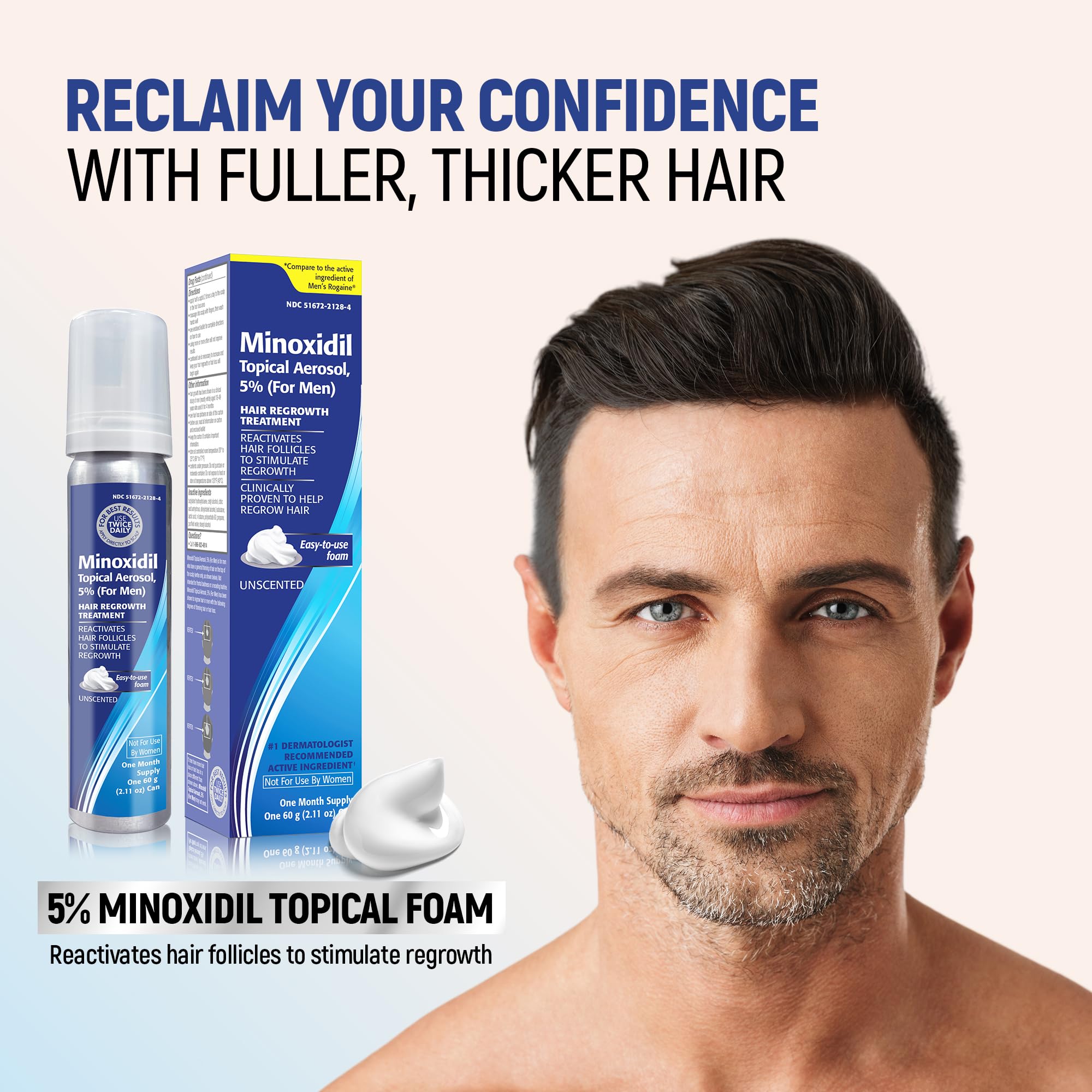 TARO Minoxidil espuma, aplicación en manos para tratamiento diario del cabello.