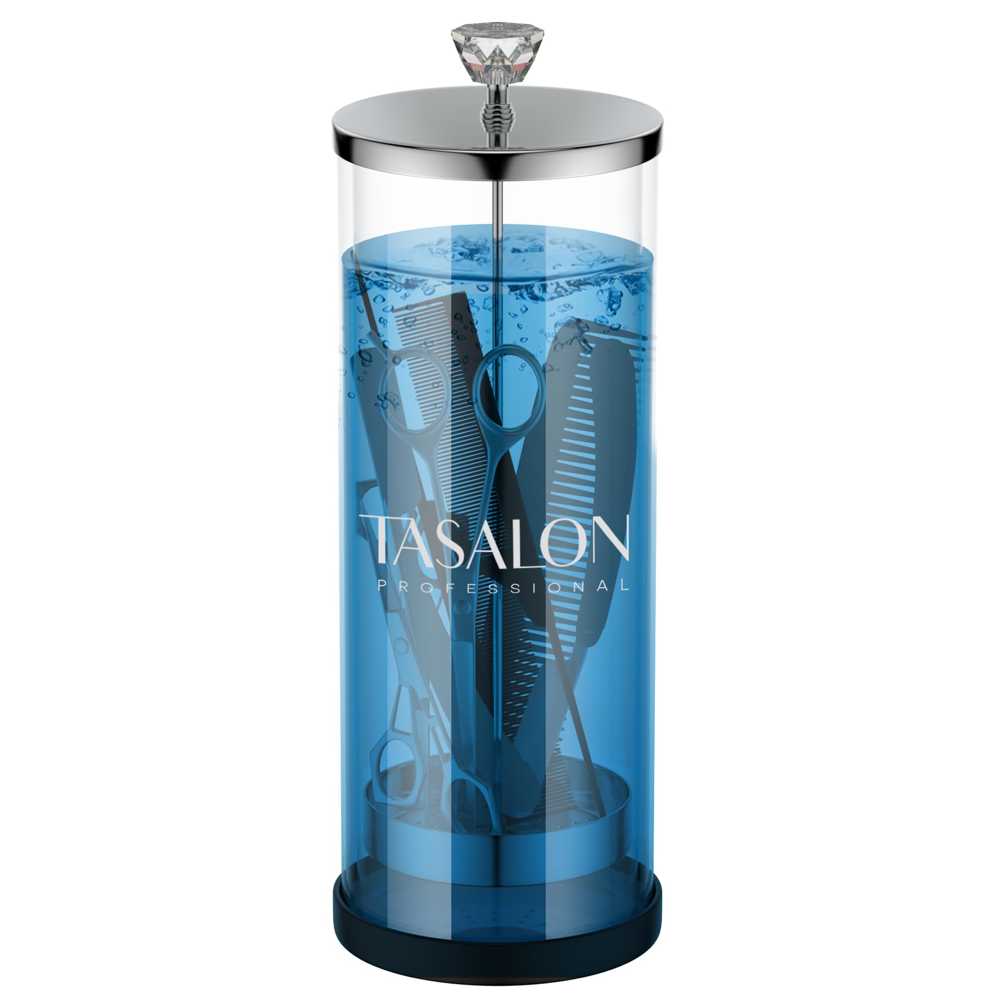 Tasalon Barber Jar con mango de cristal, agarre cómodo y manejo preciso durante la desinfección.