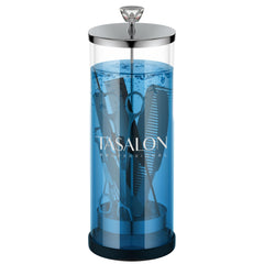 Tasalon Barber Jar con mango de cristal, agarre cómodo y manejo preciso durante la desinfección.