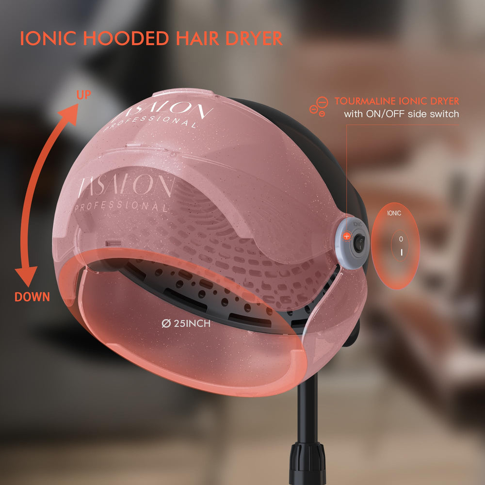Tasalon secador iónico capota rosa glitter, detalle flujo de aire ajustable