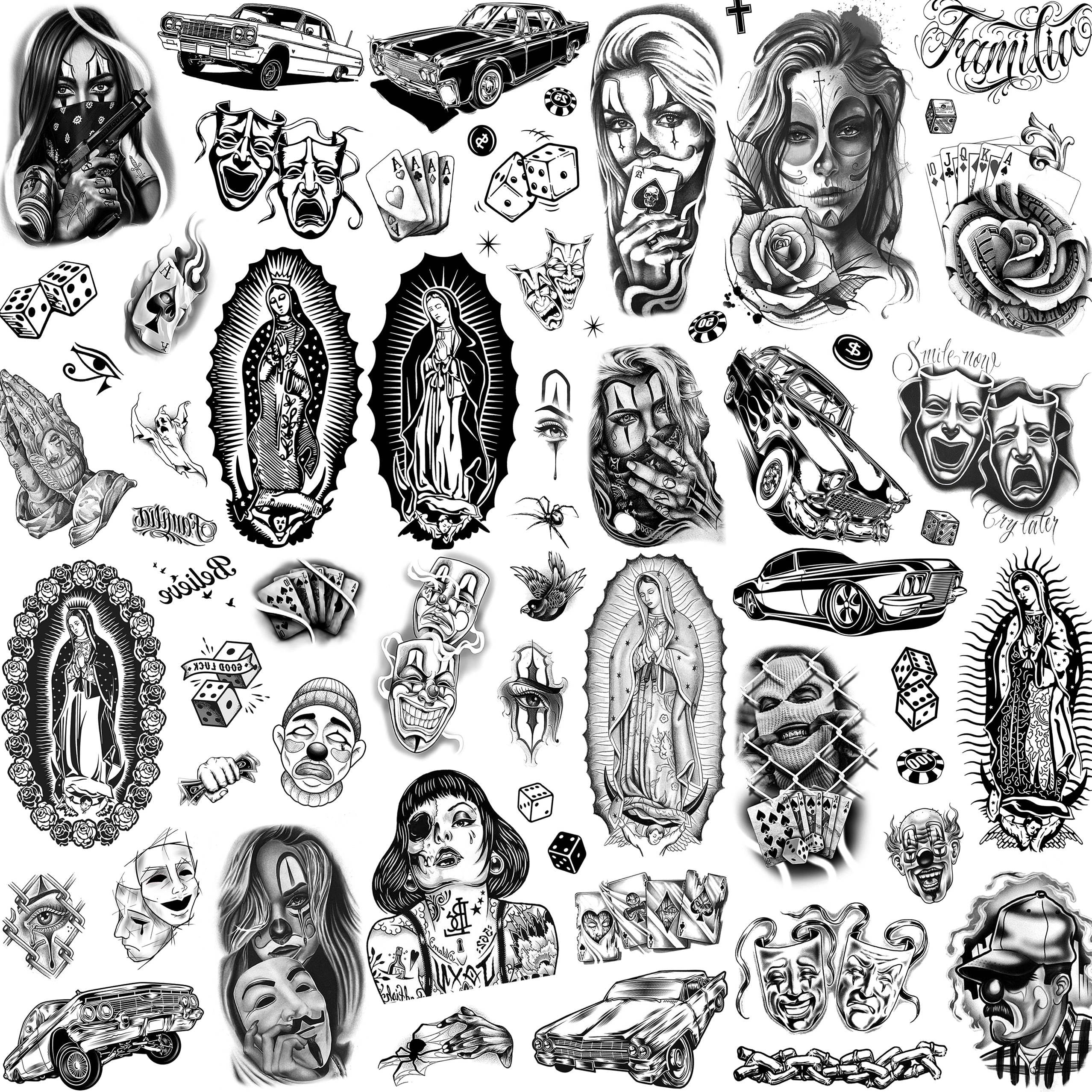 TASROI tatuajes temporales Chicano grandes en hojas; apariencia realista para la piel.