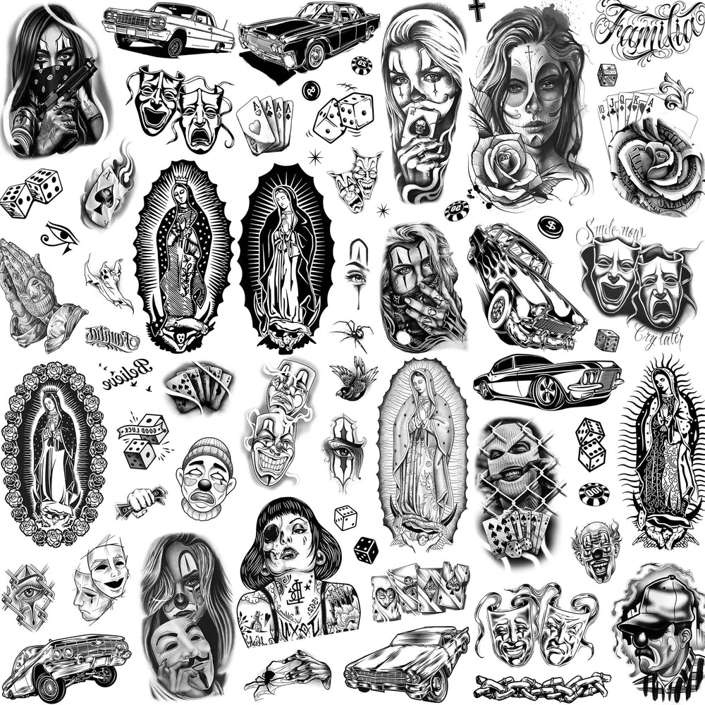 TASROI tatuajes temporales Chicano grandes en hojas; apariencia realista para la piel.
