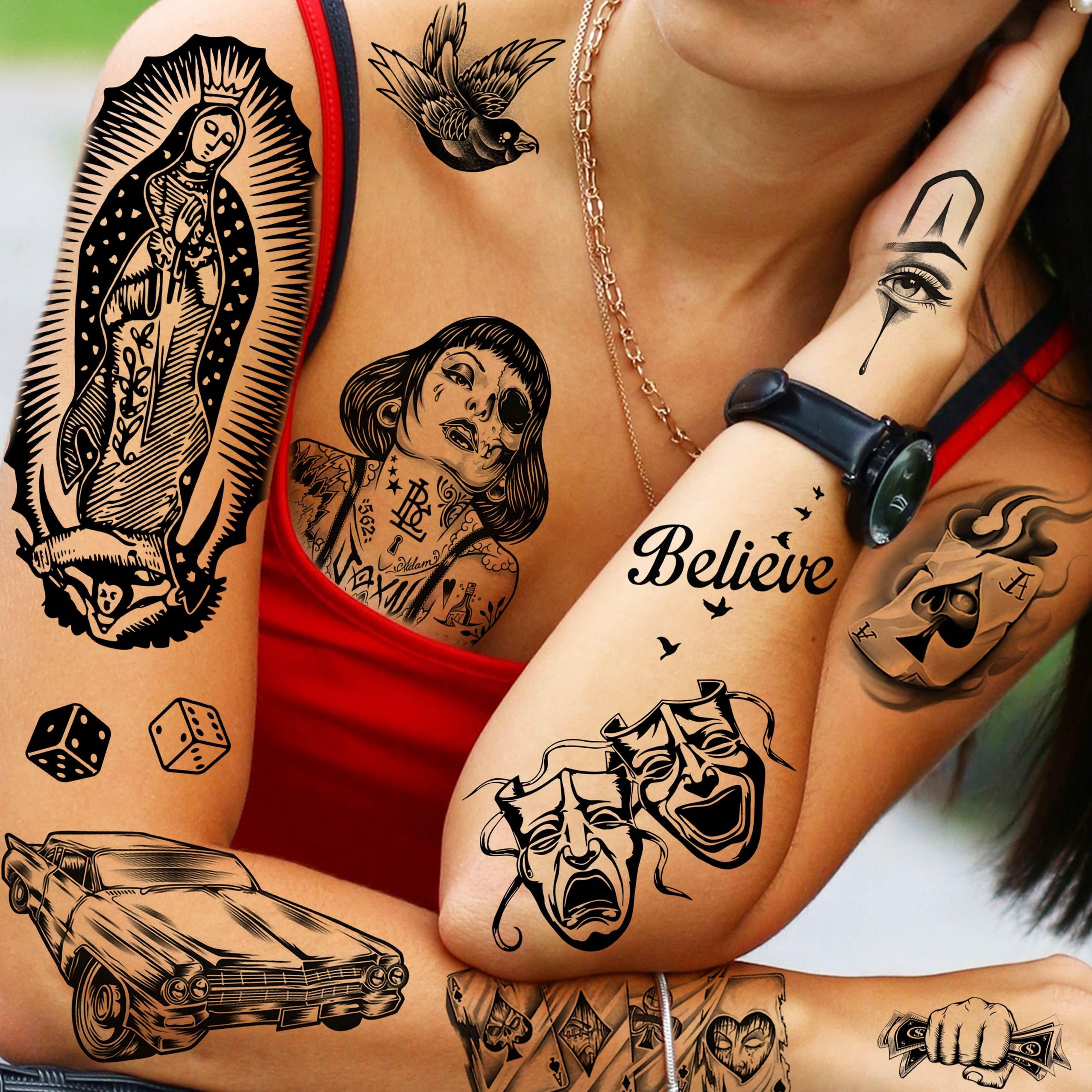 TASROI tatuajes temporales realistas para adultos; duraderos y resistentes al agua.