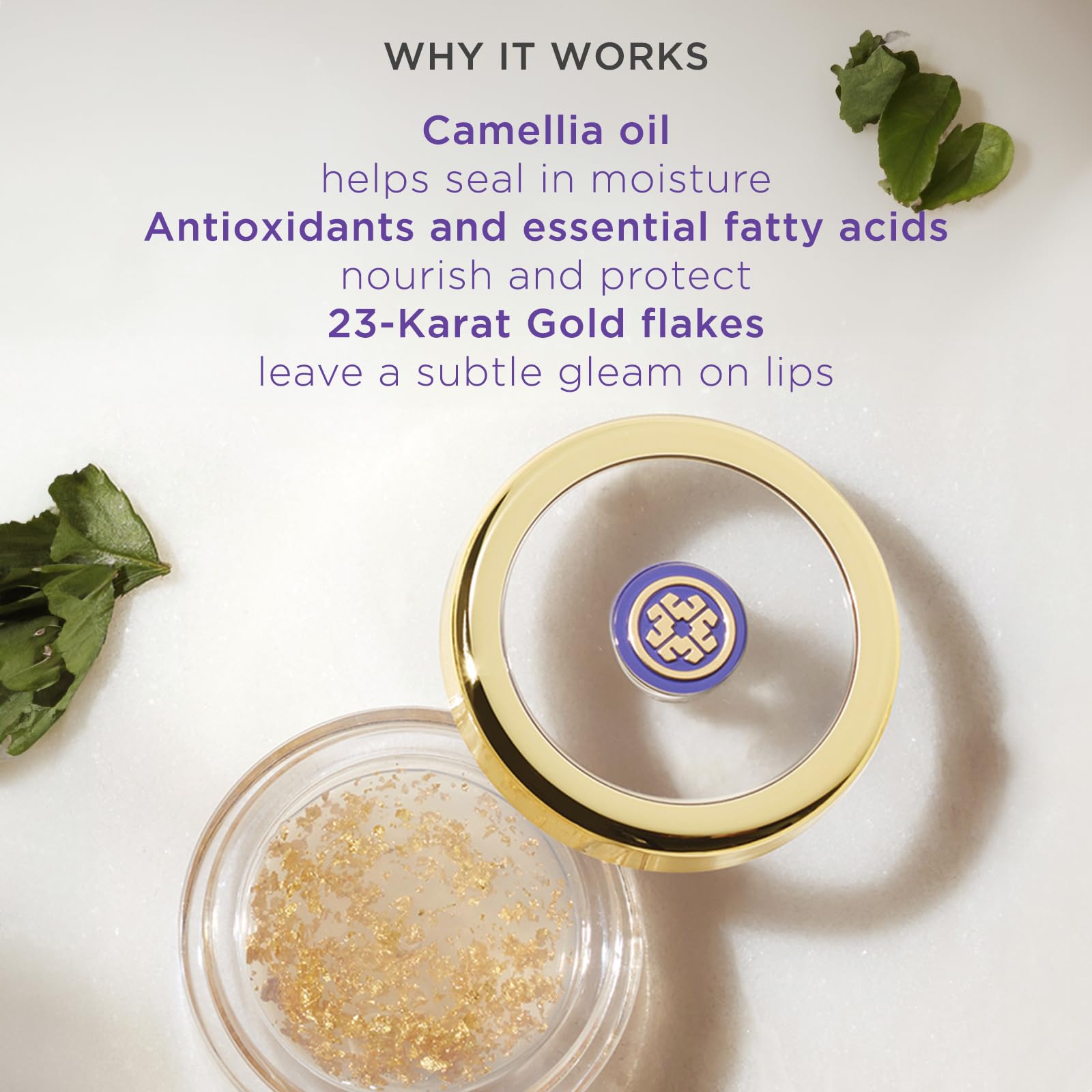 Tatcha Camellia Gold Spun Lip Balm – riche en antioxydants et nutriments nourrissants.