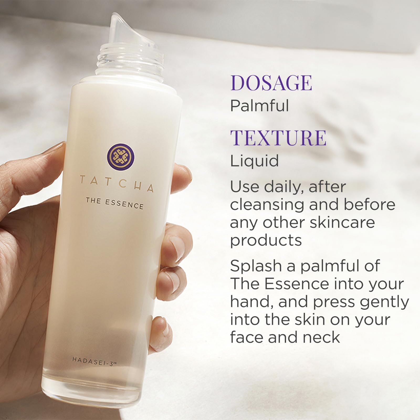 TATCHA The Essence, lissage des ridules et peau douce.