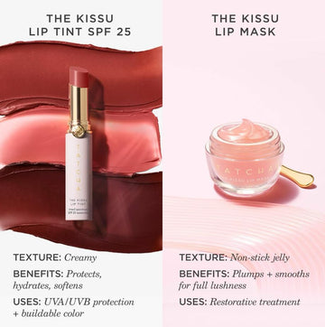 Uso nocturno de la mascarilla labial Tatcha Kissu en labios agrietados para suavidad.