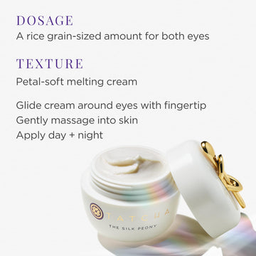 TATCHA Silk Peony Under Eye Cream, etiqueta con ingredientes clave iluminando la rutina diaria.
