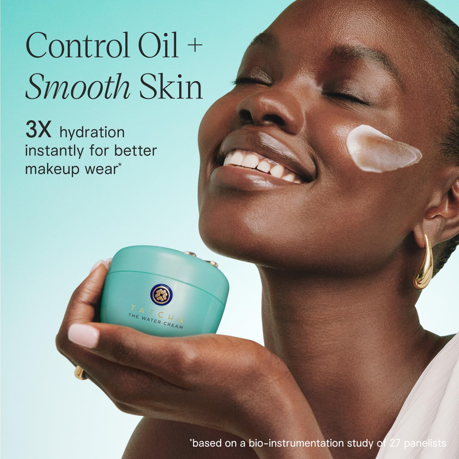 Visage lumineux après l’application de TATCHA The Water Cream.