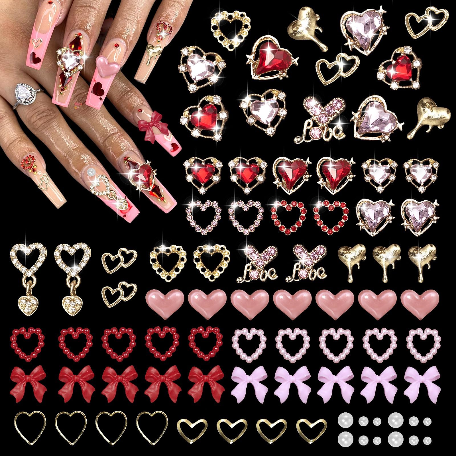 Dijes corazones dorados de Tatiwoo para uñas, ideal para diseños impactantes.
