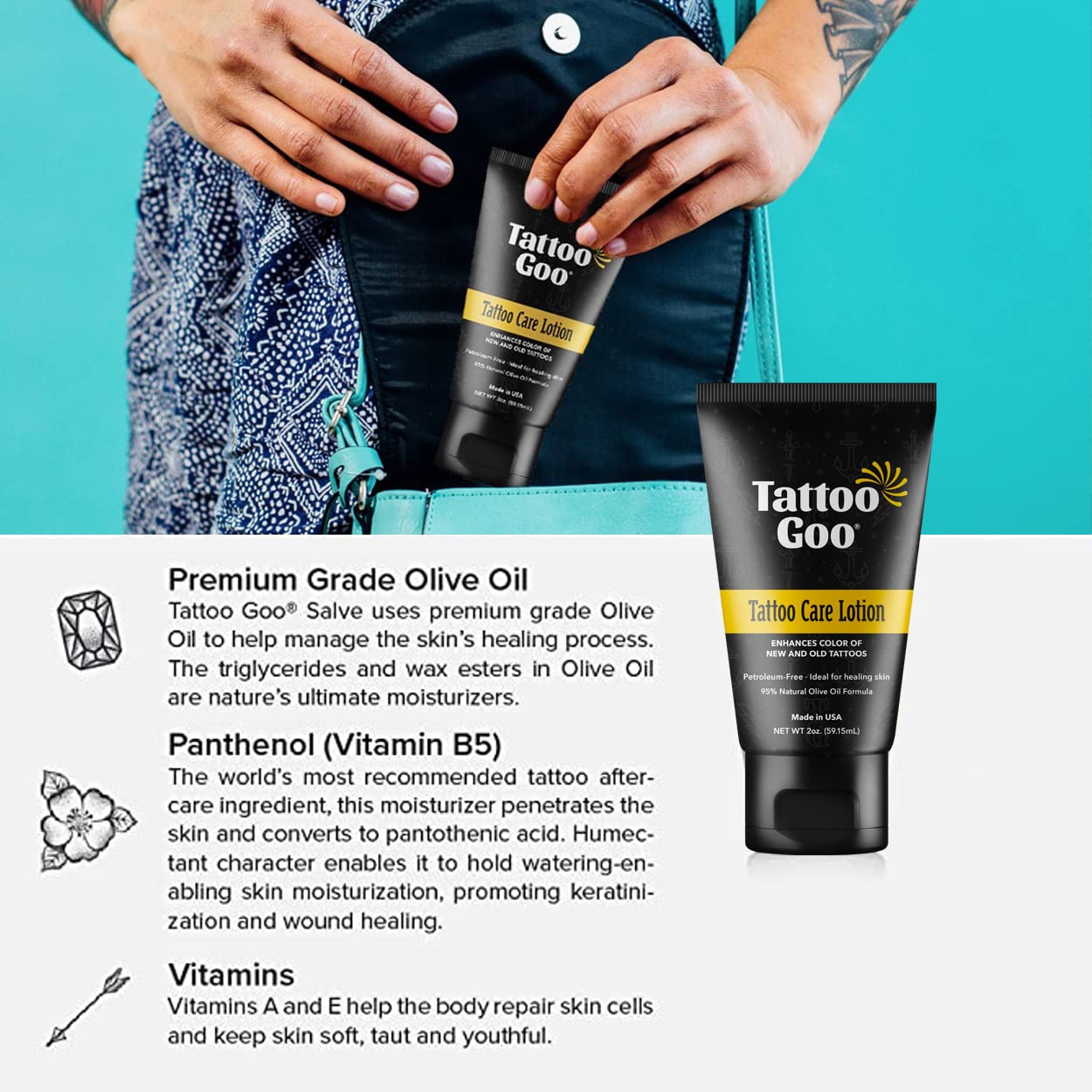 Tattoo Goo envase antimicrobiano: presentación práctica para uso diario.