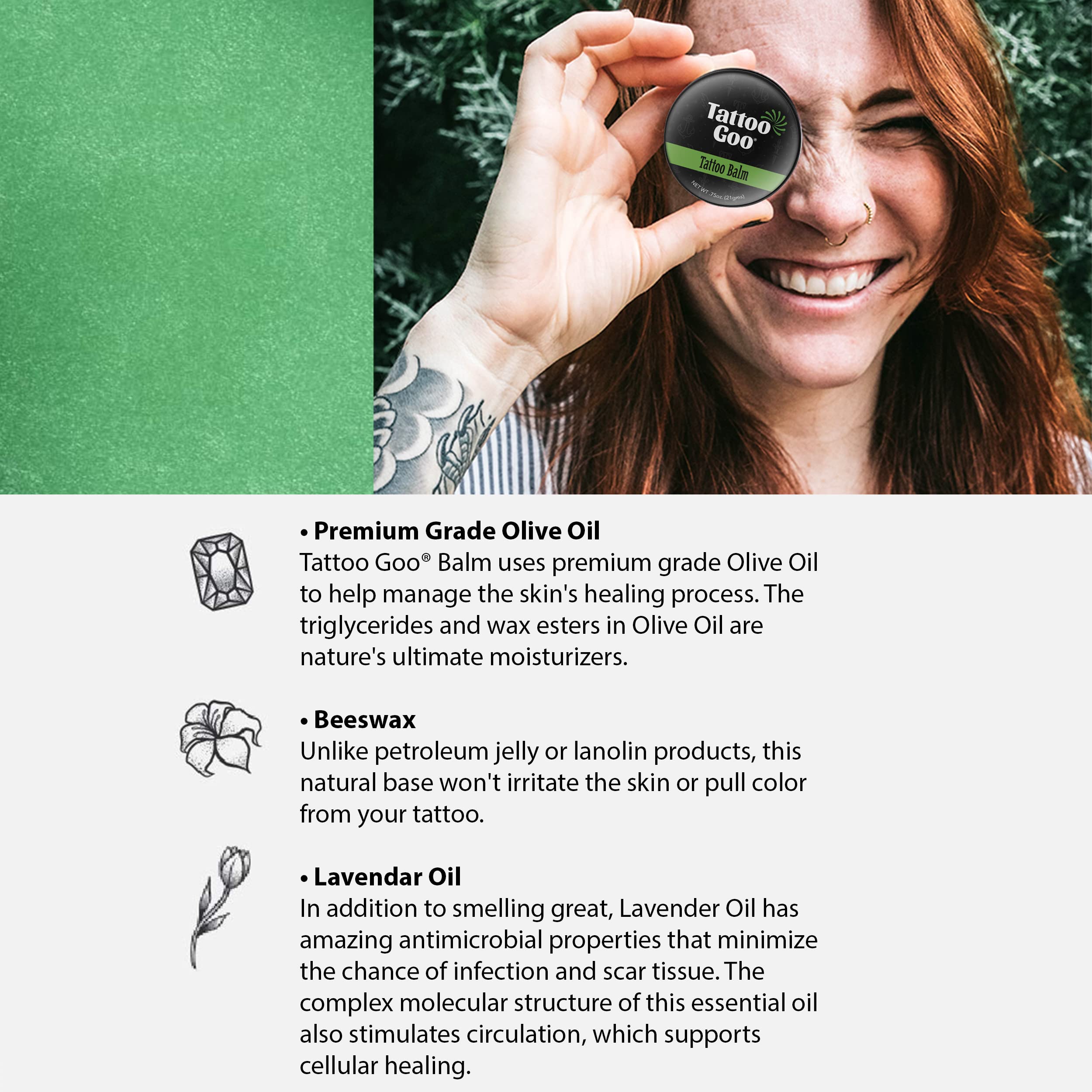 Bálsamo Tattoo Goo con ingredientes naturales: cera de abejas y manteca de cacao para suavizar la piel.