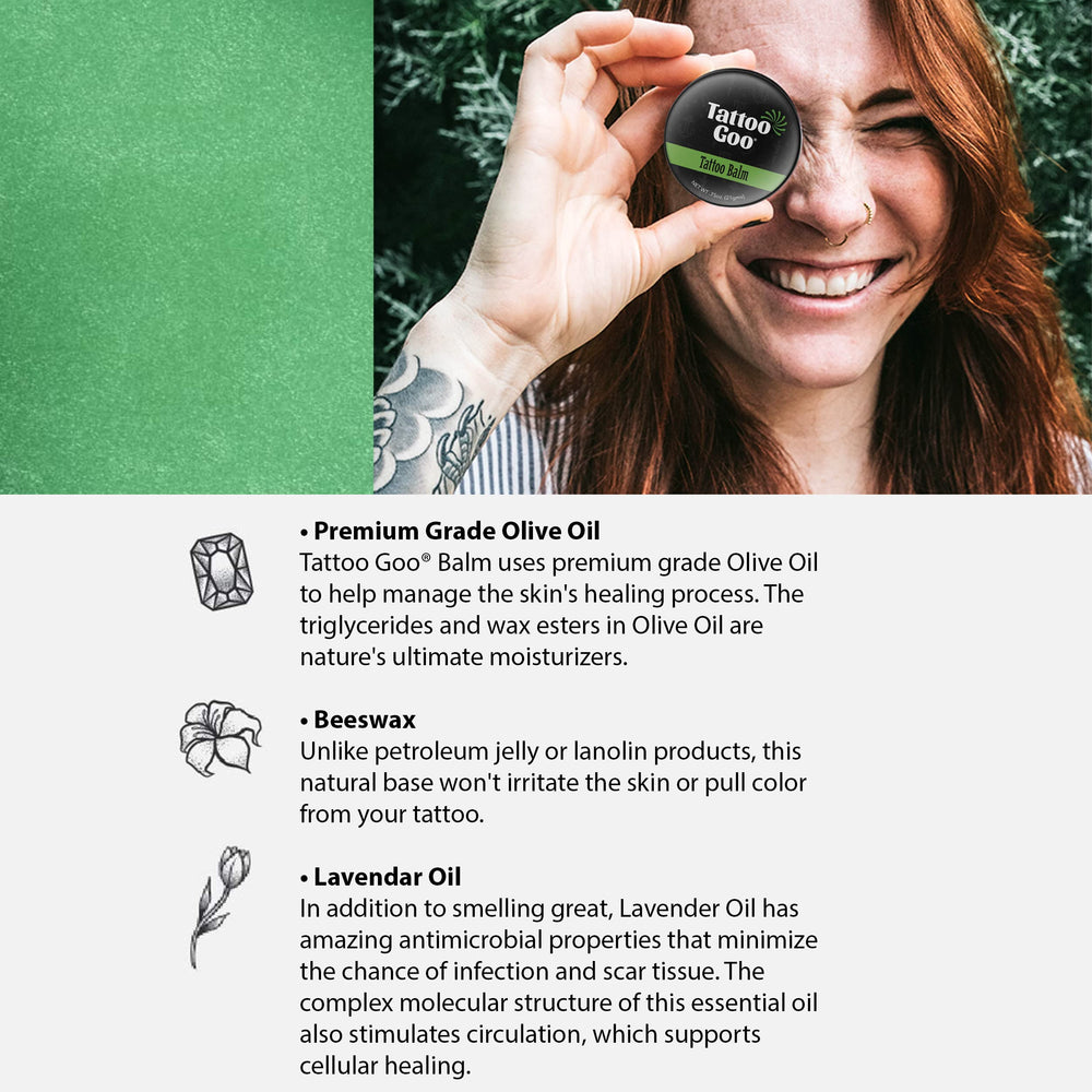 Bálsamo Tattoo Goo con ingredientes naturales: cera de abejas y manteca de cacao para suavizar la piel.
