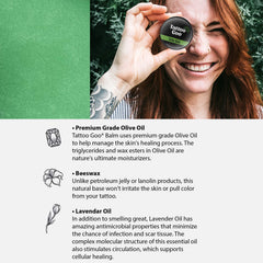 Bálsamo Tattoo Goo con ingredientes naturales: cera de abejas y manteca de cacao para suavizar la piel.