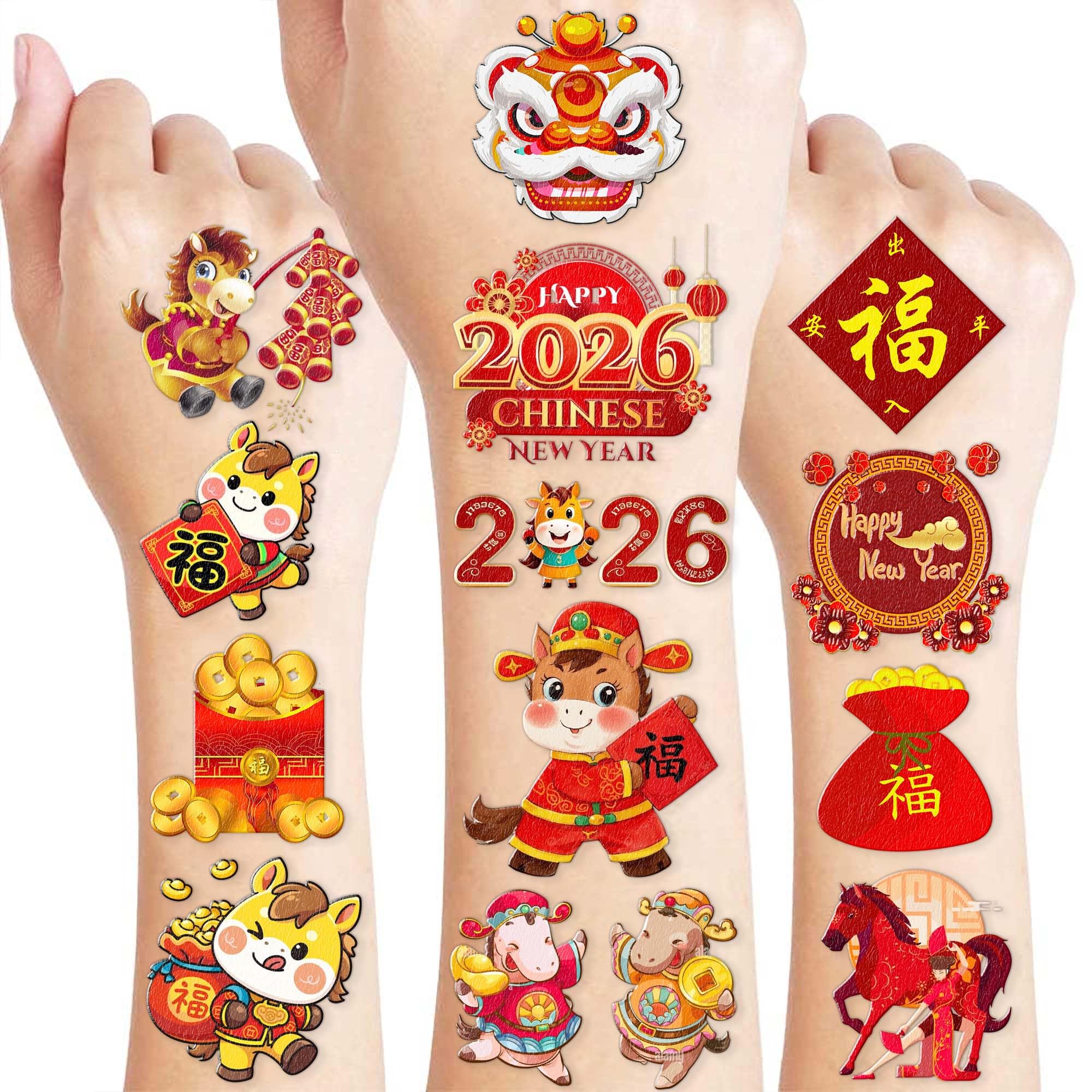 Tatuajes de dragón para Año Nuevo Chino, conjunto de 96 piezas, ideal para fiestas infantiles.