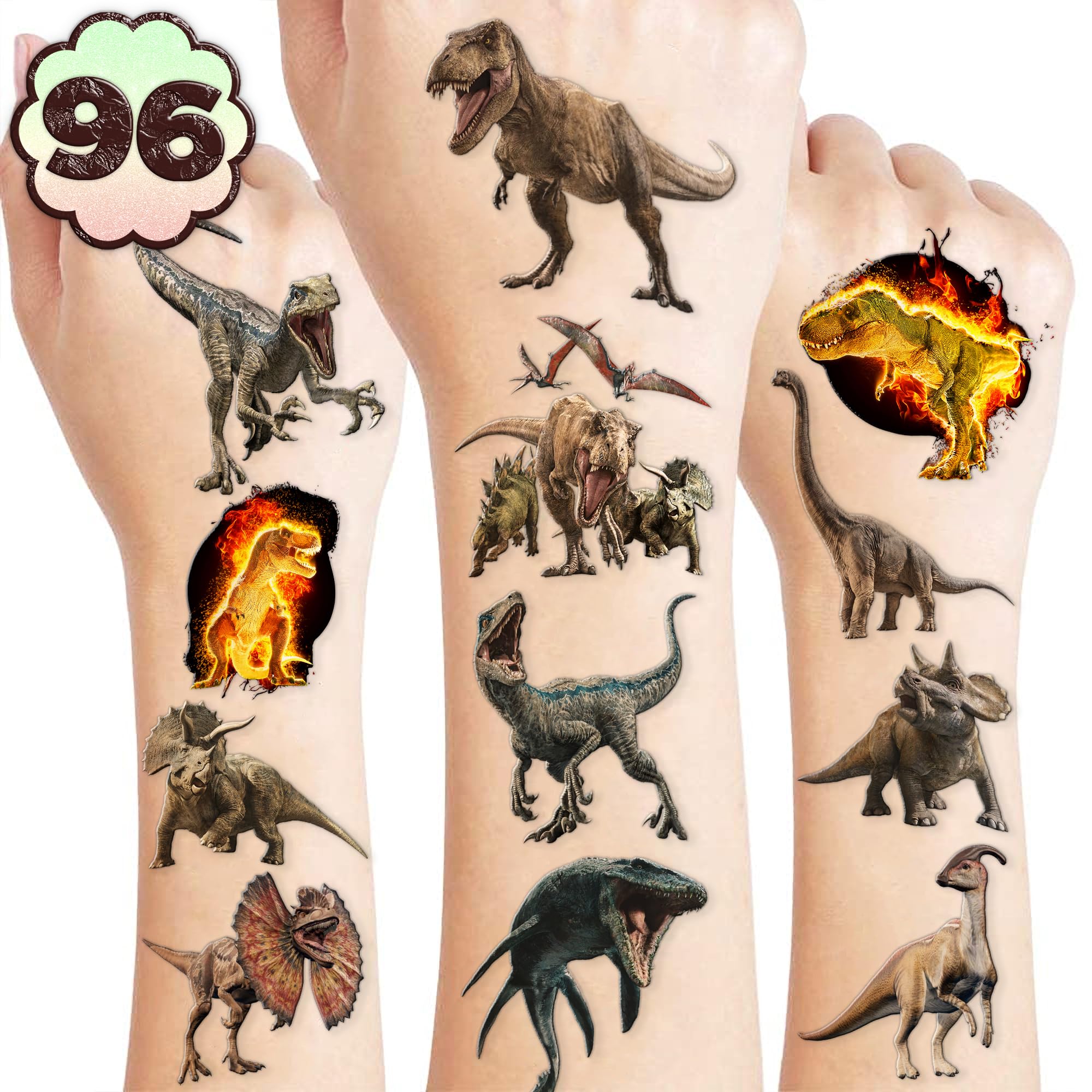 Tatuajes dinosaurios 3D, 96 piezas, ideales para fiestas infantiles.