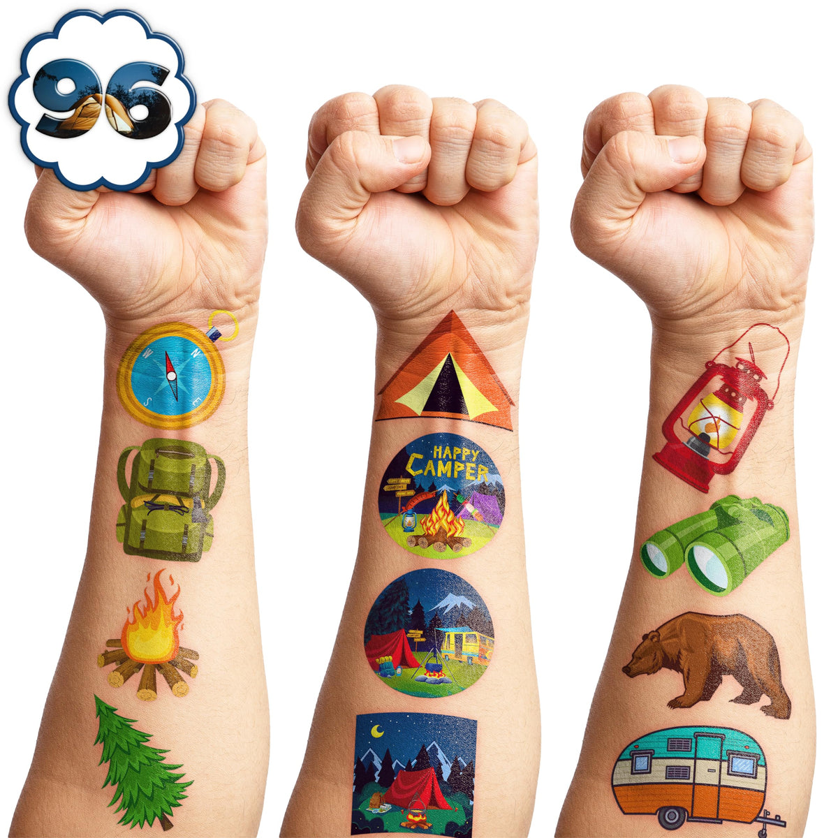 Tatuajes temporales de camping, colección de 96 piezas para fiestas divertidas
