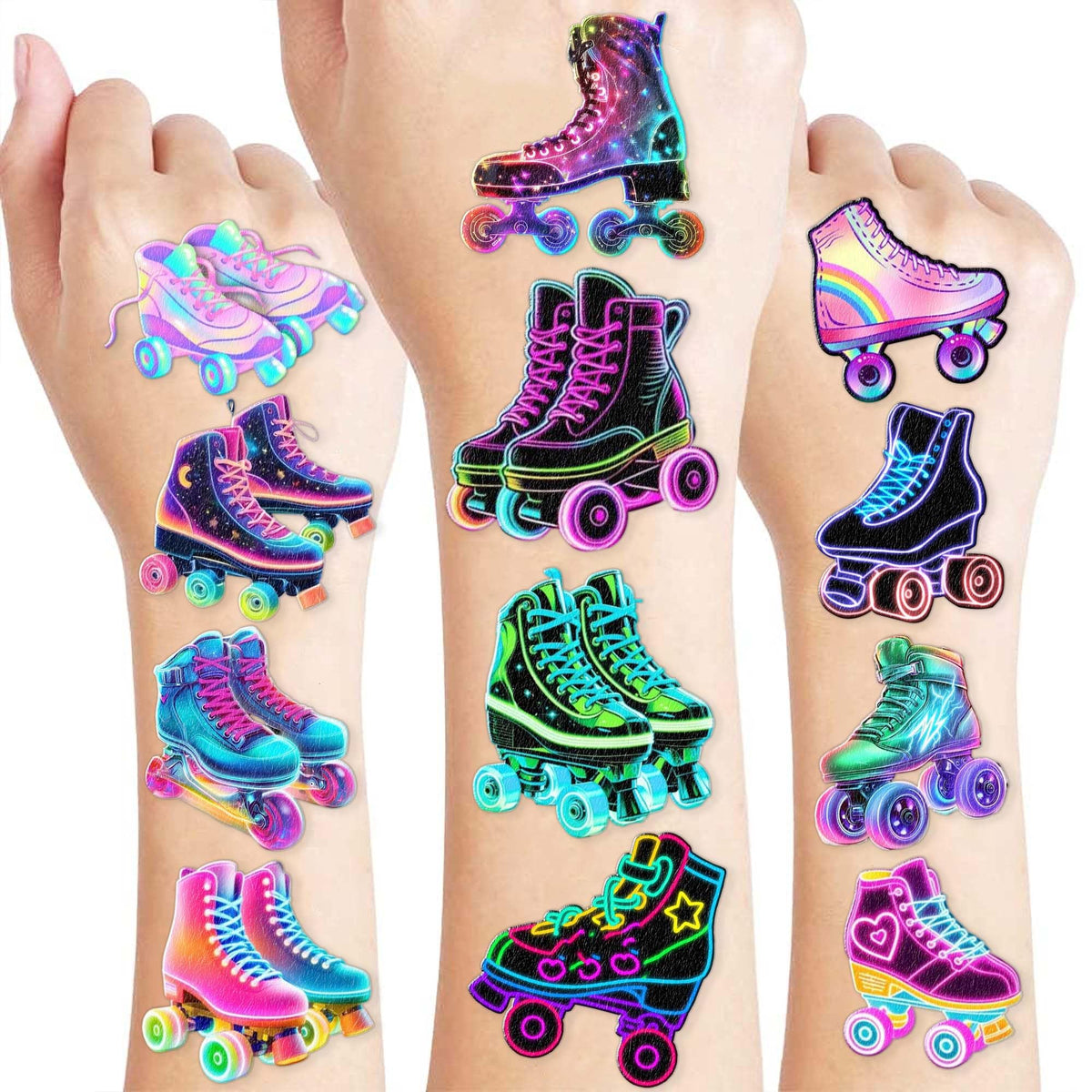 Tatuajes temporales de patines: conjunto de 8 láminas coloridas para fiestas