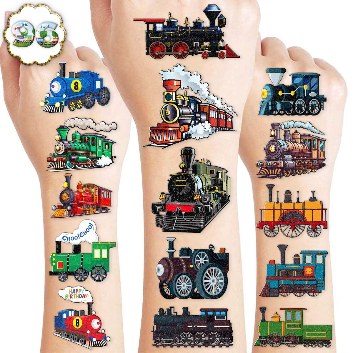 Tatuajes temporales tren locomotora colorida para premios en clase.