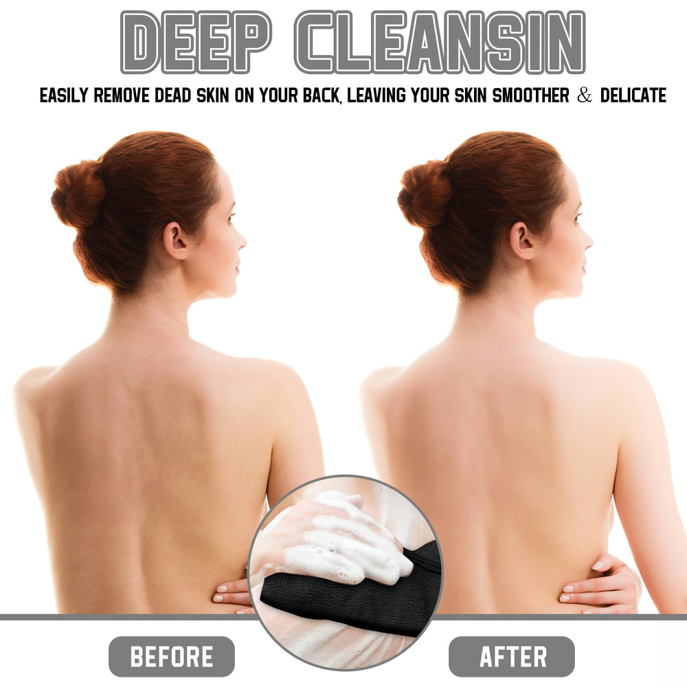 Toallita exfoliante Tatuo para ducha negra, ideal para uso diario.