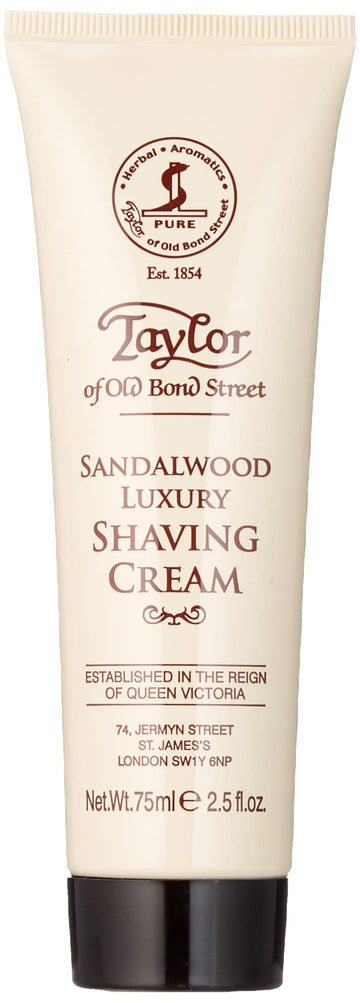 Taylor of Old Bond Street crema de afeitar sándalo, frente del tubo, aroma cálido.