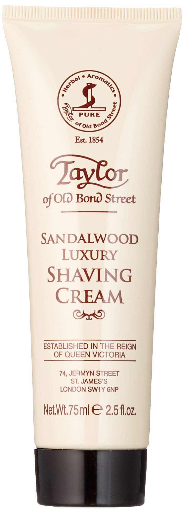 Taylor of Old Bond Street crema de afeitar sándalo, frente del tubo, aroma cálido.