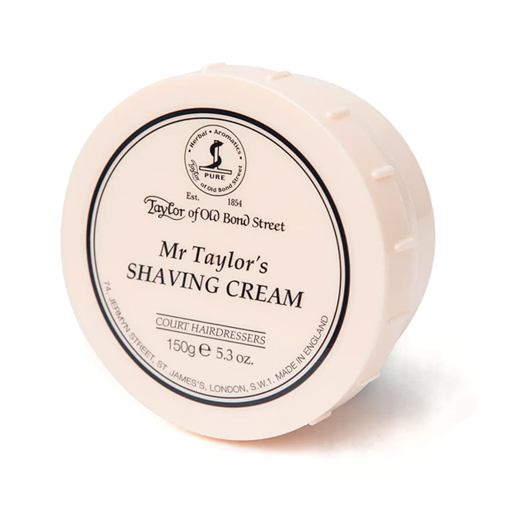 Crème de rasage Taylor of Old Bond Street dans un pot, parfum classique pour rasage doux et efficace.