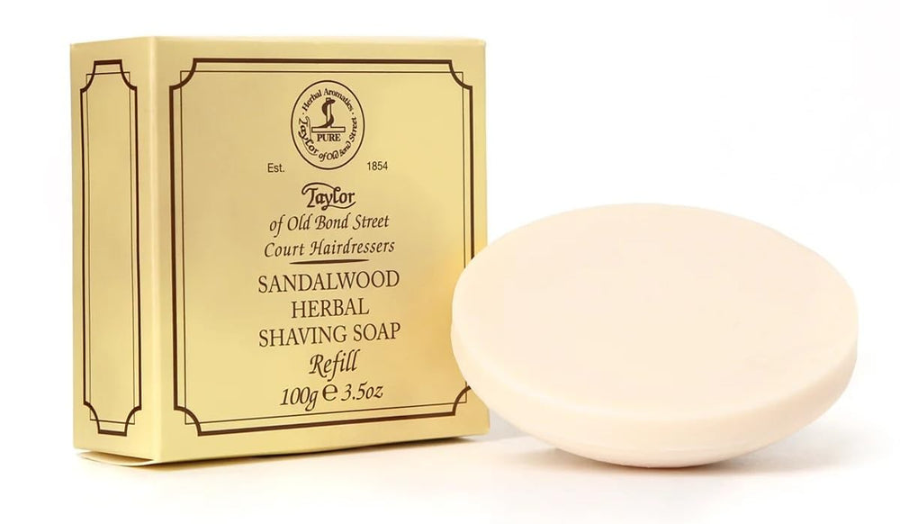 Taylor of Old Bond Street jabón de afeitar duro con sándalo, afeitado tradicional y aroma relajante.
