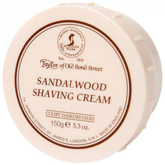 Taylor of Old Bond Street crema de afeitado con sándalo en cuenco, lista para aplicar.
