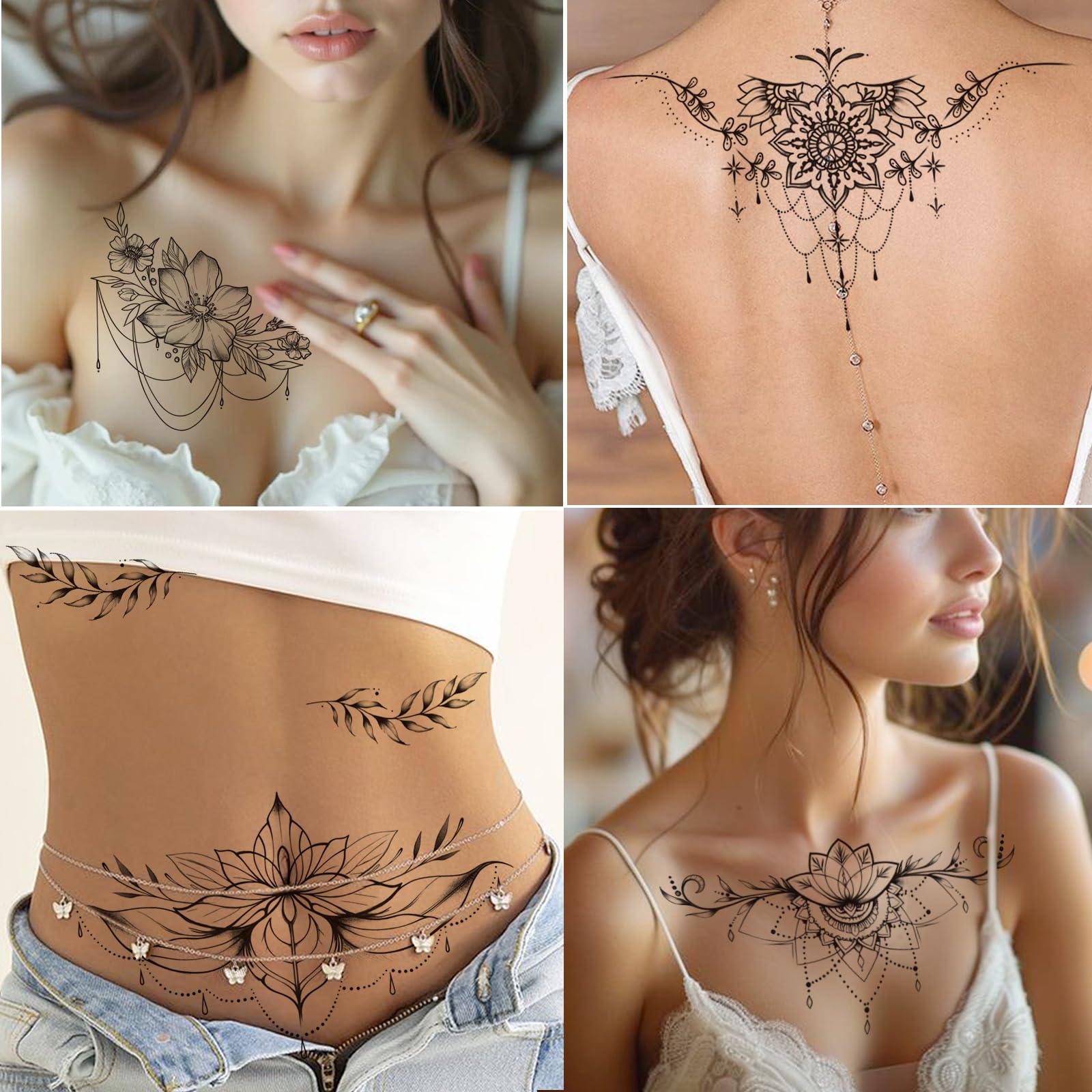 Tazimi flor grande negro, tatuaje temporal versátil para looks cambiantes.