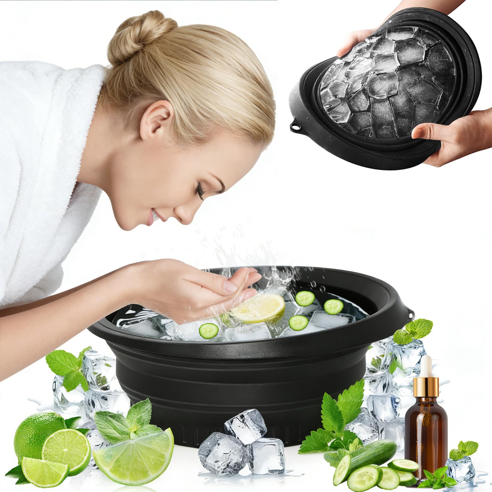 Face Tub con hielo integrado para enfriamiento facial rápido.