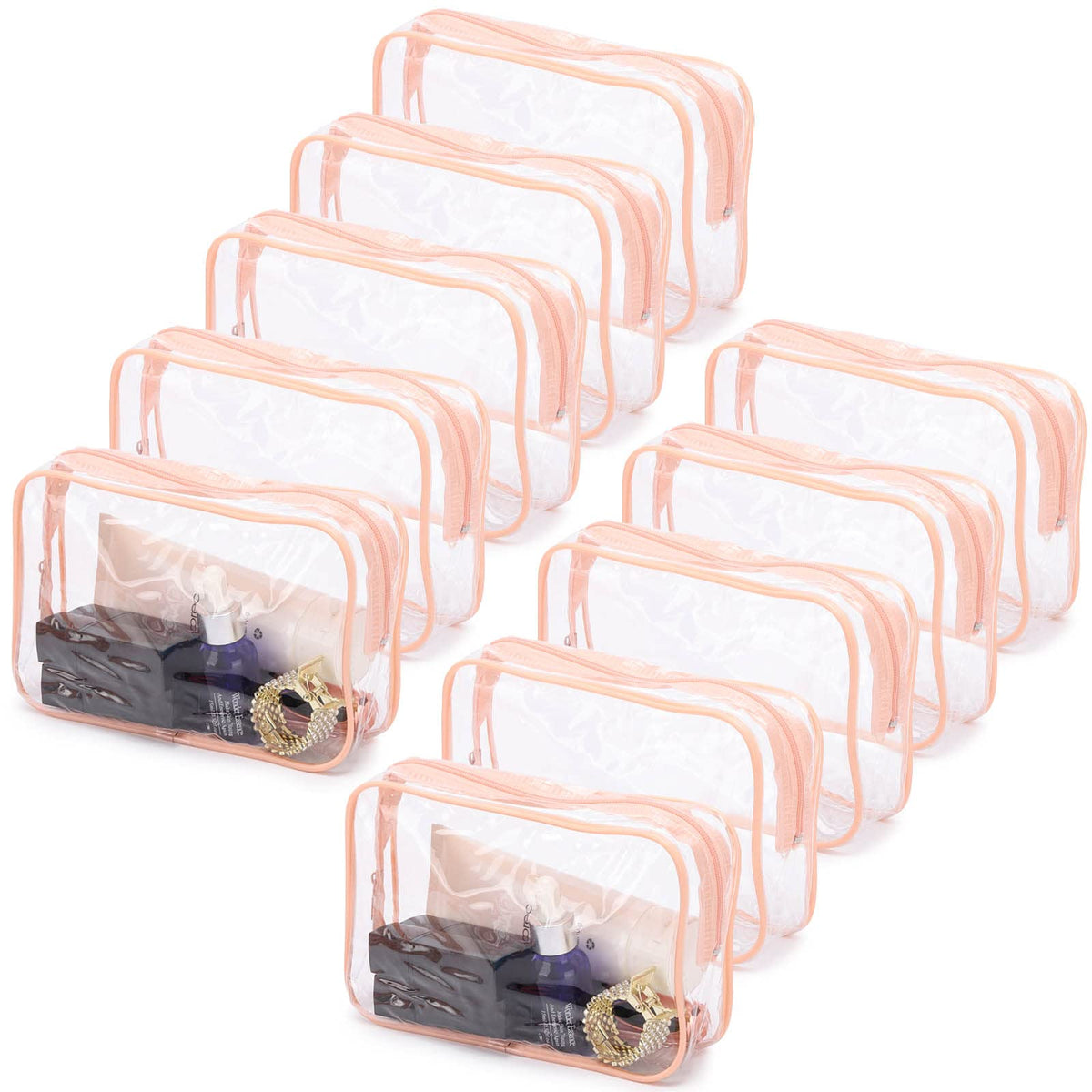 Bolsas cosméticos transparentes de Tbestmax en rosa durazno para organizar maquillaje.