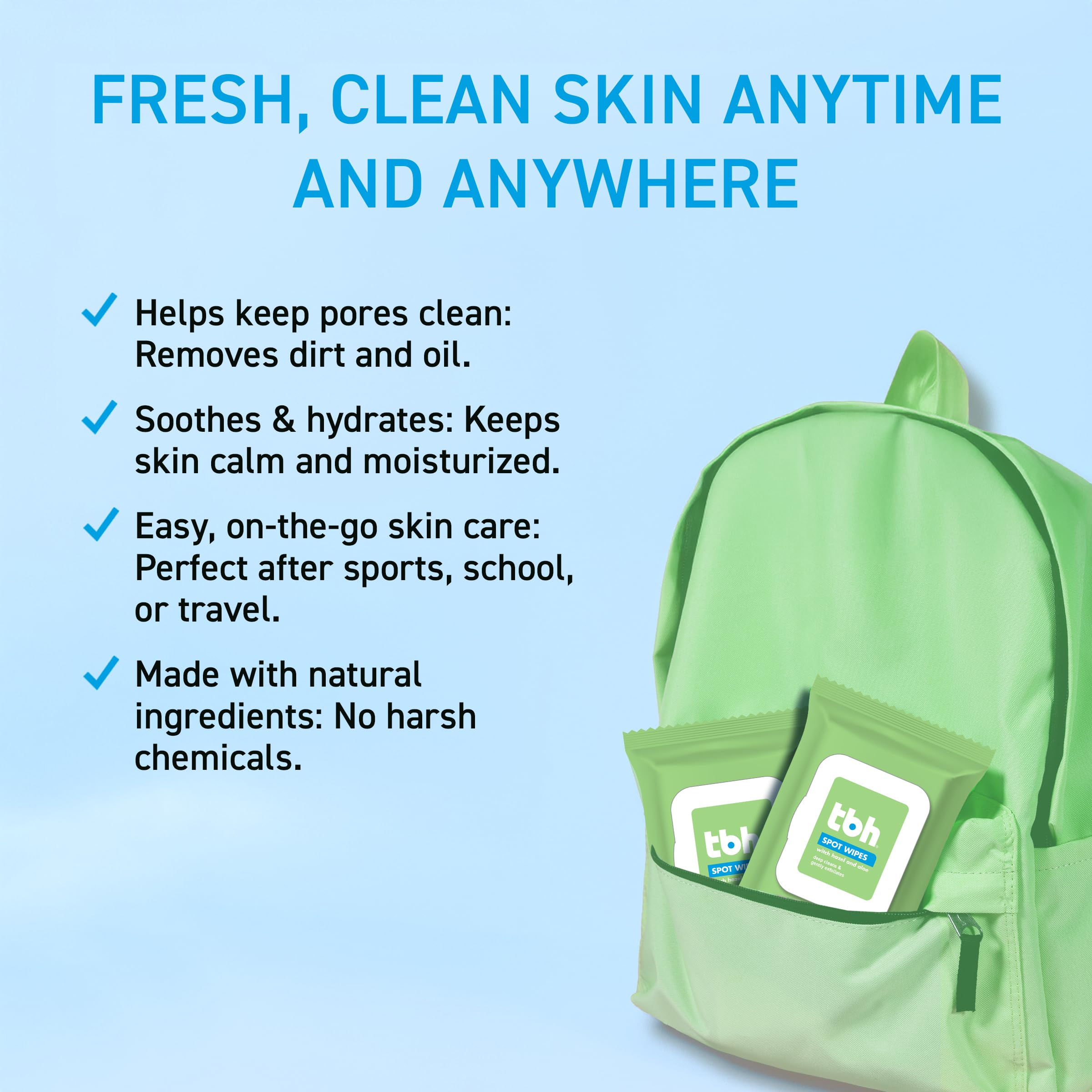 TBH Spot Face Wipes aplicación rápida en piel grasa o mixta.