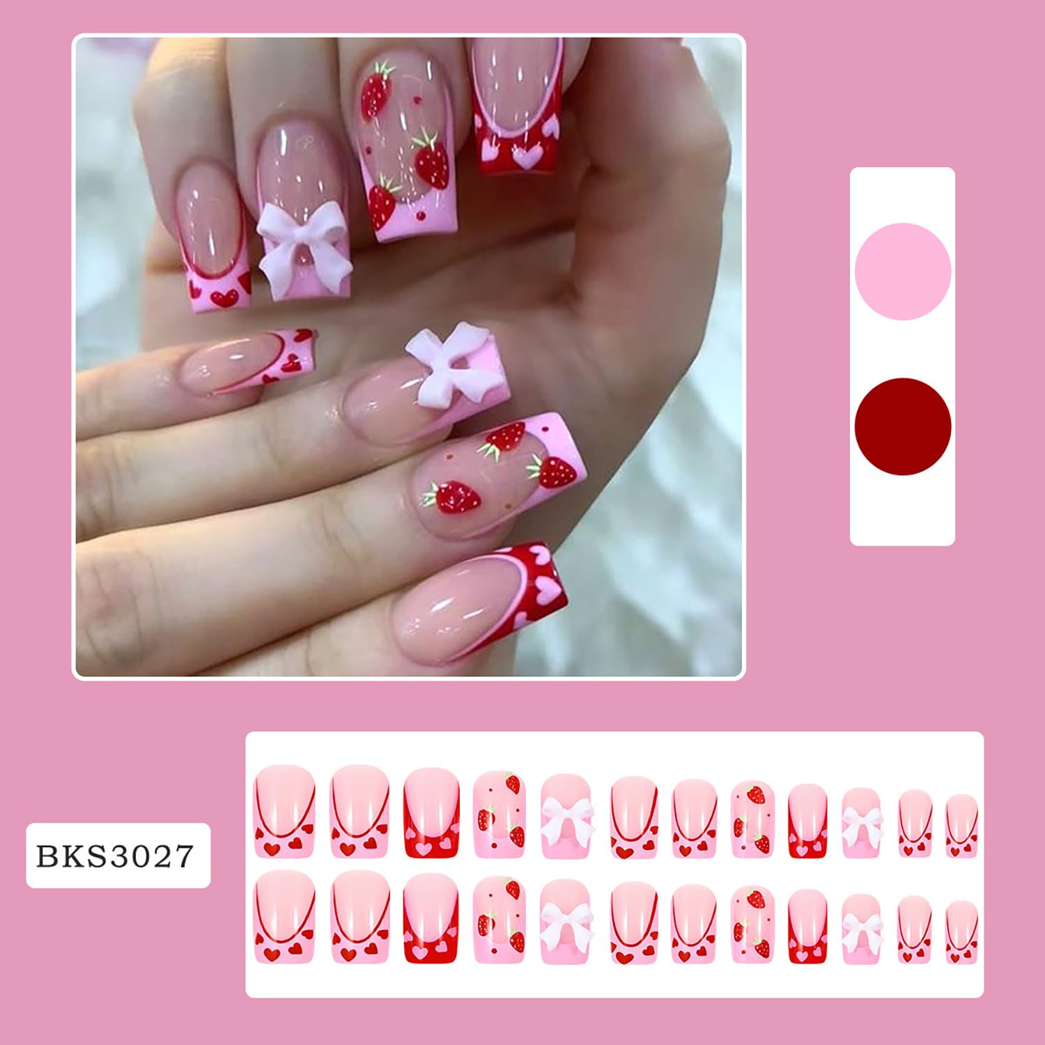 Uñas postizas de fresa con adhesivo incluido para fijación fácil.