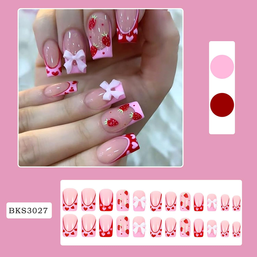 Uñas postizas de fresa con adhesivo incluido para fijación fácil.