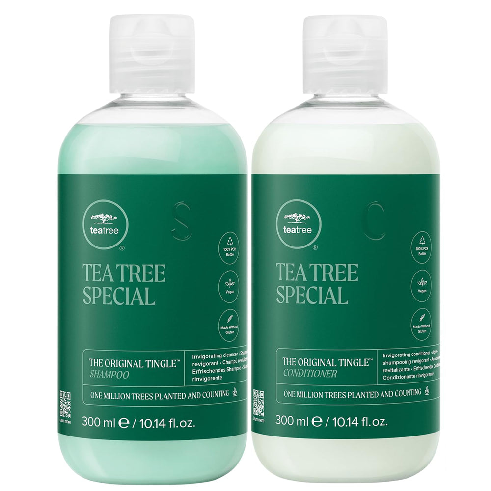 Tea Tree Champú Especial, vista de la botella vertido, aroma refrescante para revitalizar el cabello.