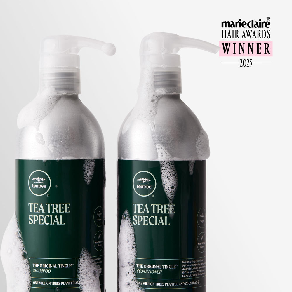 Tea Tree Special en botella de aluminio suaviza y mejora la manejabilidad del cabello.