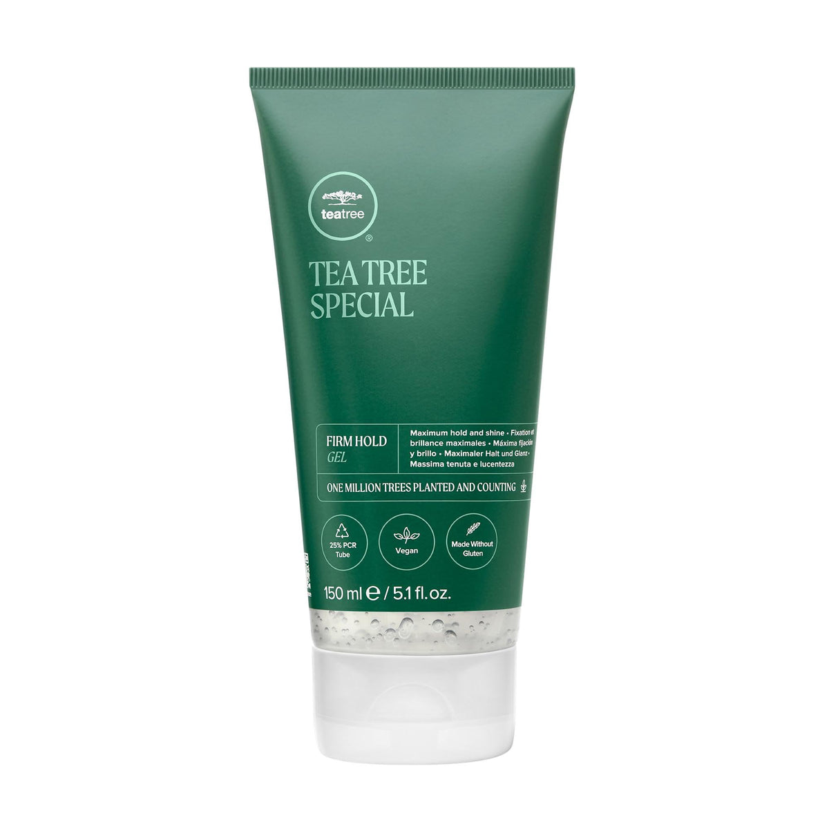 Tea Tree Firm Hold Gel: envase visible, fijación firme para peinado duradero.