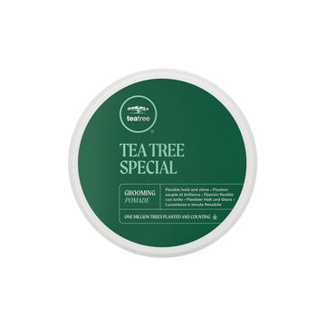 Tea Tree Grooming Pomade: botella y empaque renovado para un aspecto pulido y profesional.