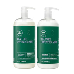 Champú Tea Tree Lavender Mint: botella vertiendo, hidratación suave para cabello seco.
