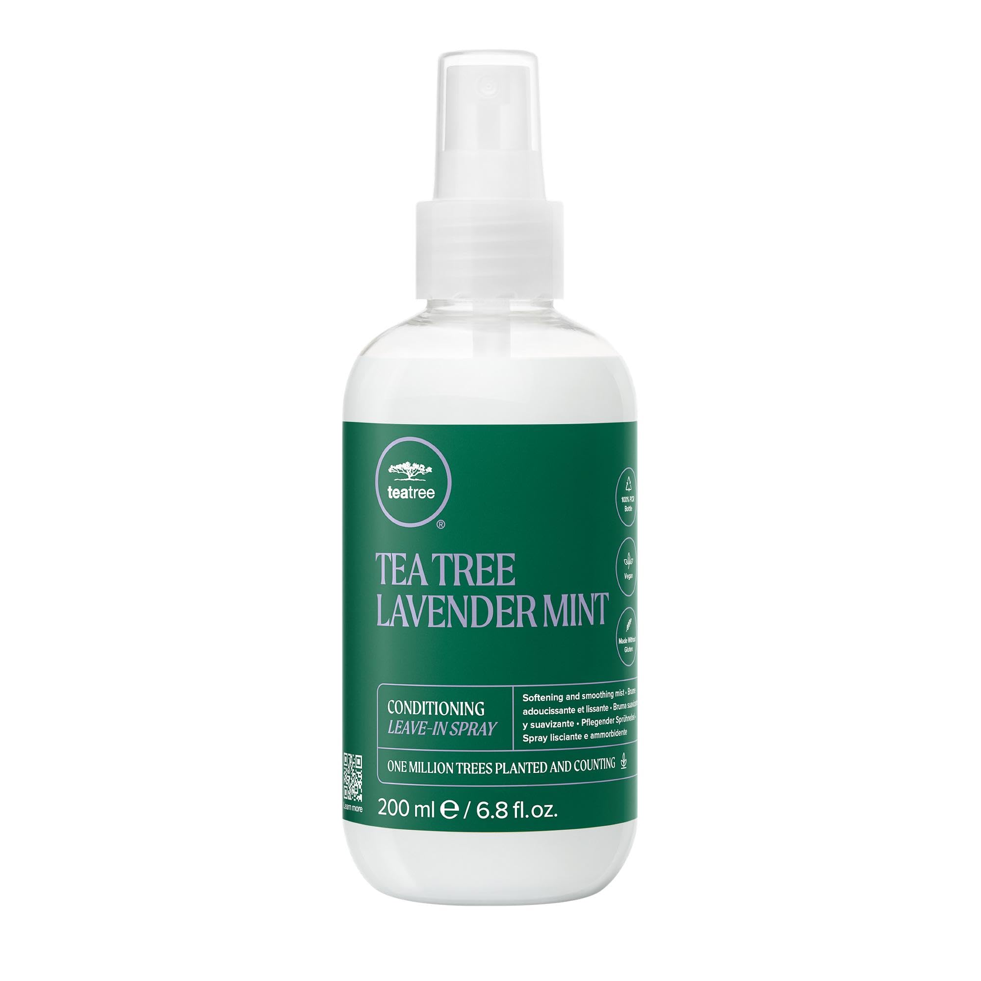 Tea Tree Lavender Mint Spray, botella exhibe acondicionador ligero para cabello seco