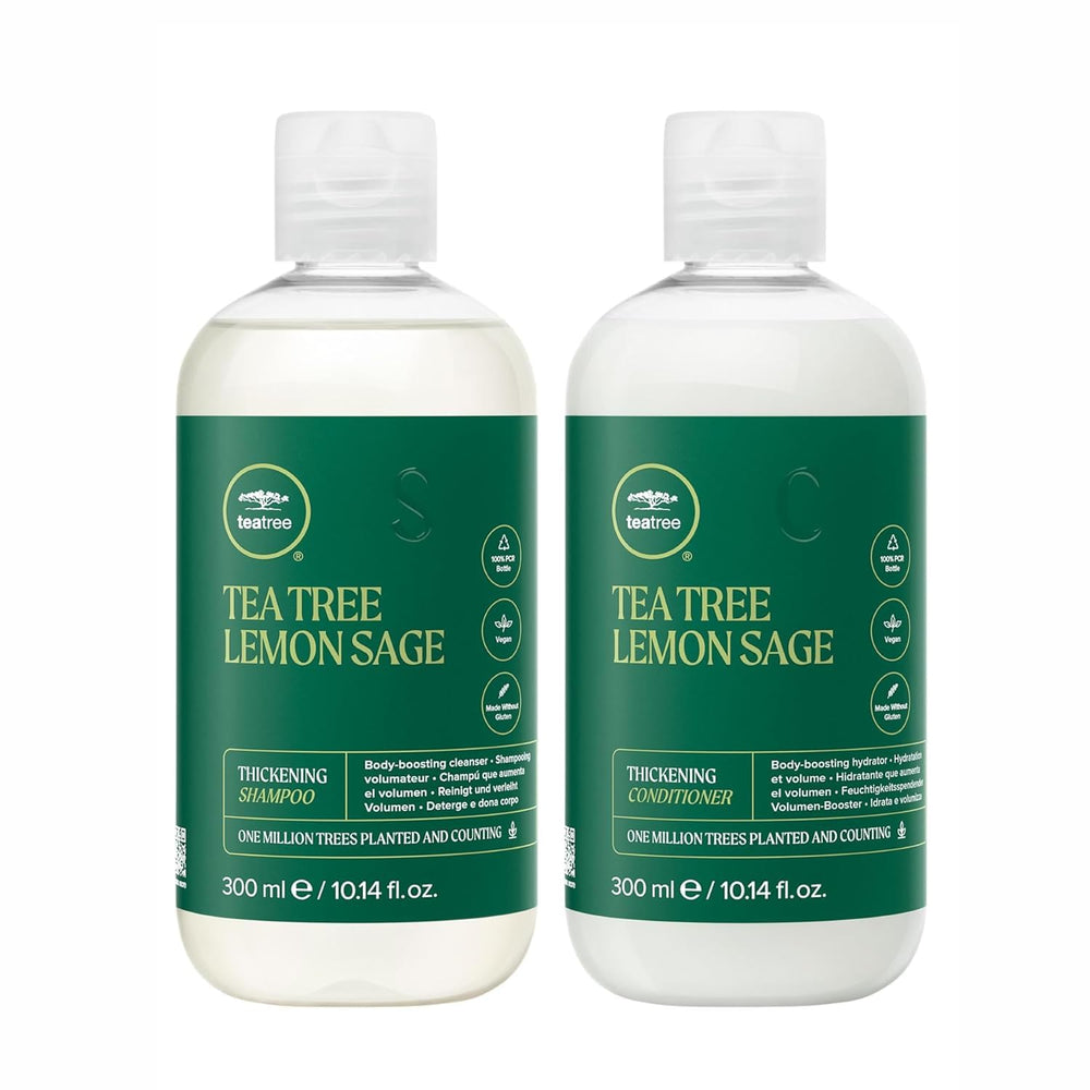 Tea Tree Lemon Sage champú engrosante en botella para mayor volumen.