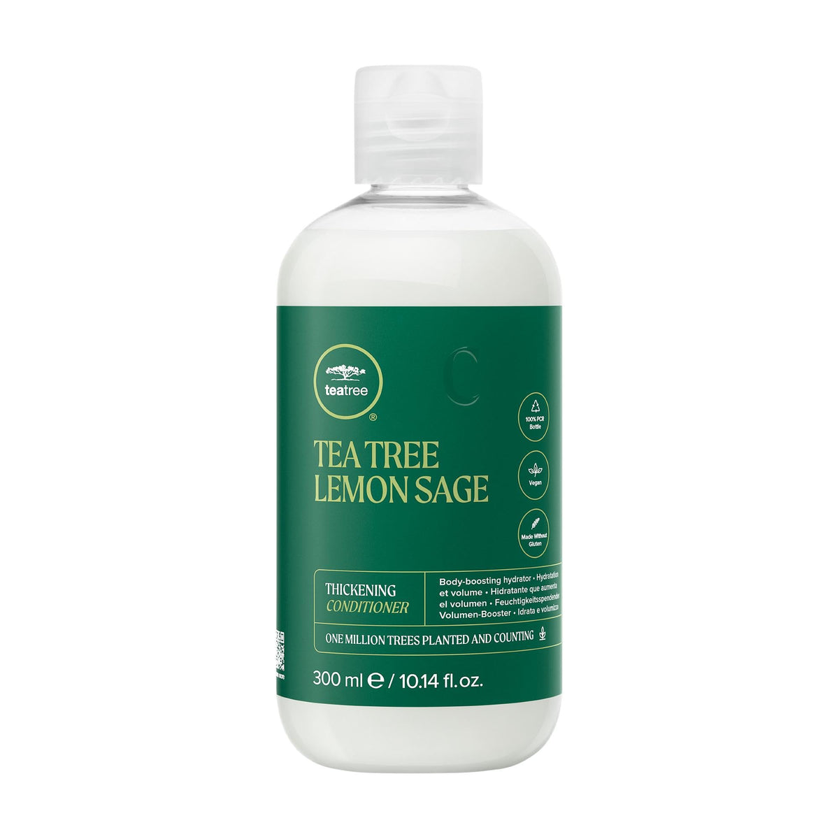 Tea Tree Lemon Sage en bouteille, offre volume léger pour cheveux fins.