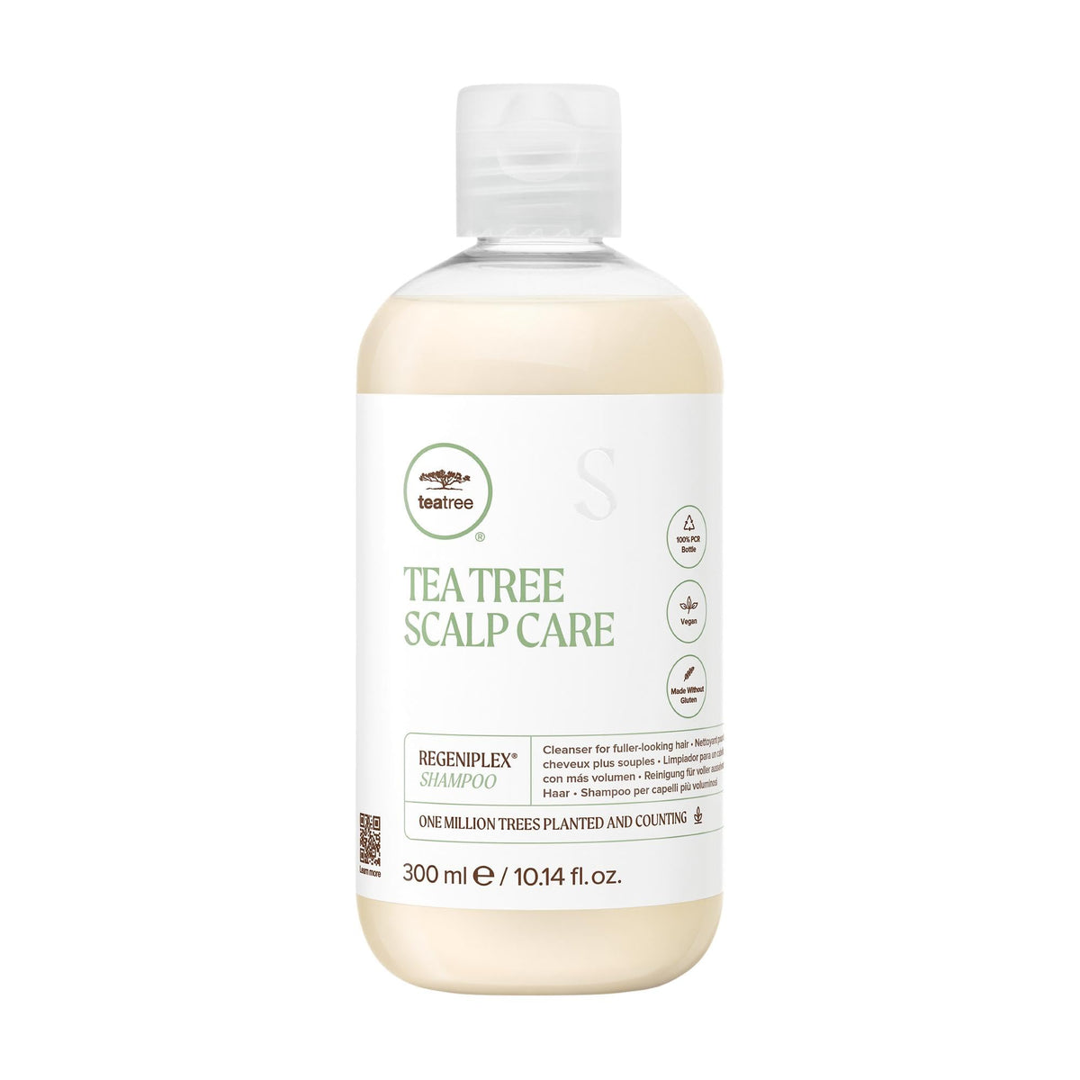 Tea Tree Scalp Care Regeniplex Shampoo: botella visible y cabello con aspecto más lleno