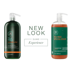 Tea Tree Special Color Shampoo vertido en la ducha, experiencia vigorizante.