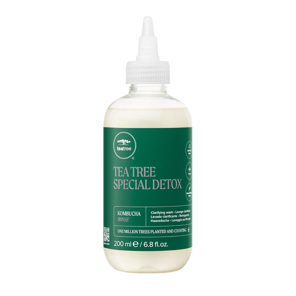 Tea Tree Special Detox Kombucha Rinse – bouteille blanche, élimine les résidus et nettoie le cuir chevelu.