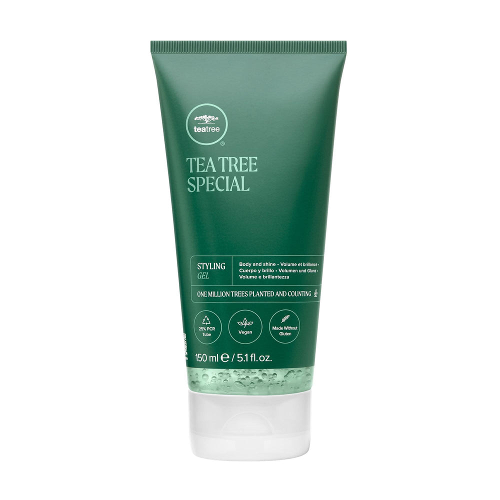 Tea Tree Styling Gel: botella y aplicación suave para peinados definidos