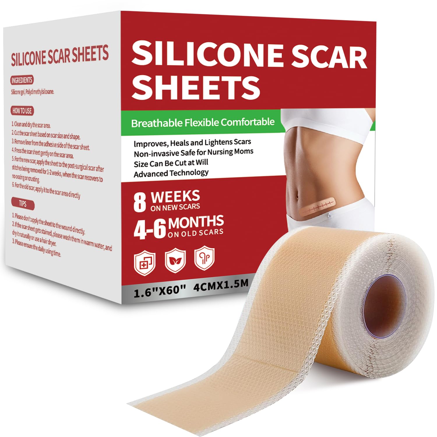 Tearich cinta silicona para cicatrices, rollo de 1,5 m, uso reutilizable para cuidado diario.