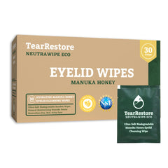 TearRestore NeutraWipe muestra su empaque de bambú sostenible para higiene ocular.